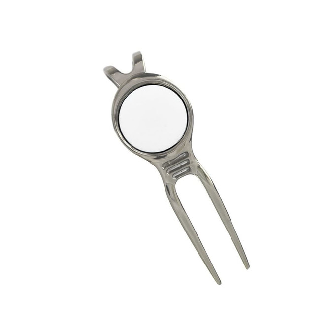 A silver premium pitch repairer with a 25mm ball marker, featuring a sleek design and a forked end.