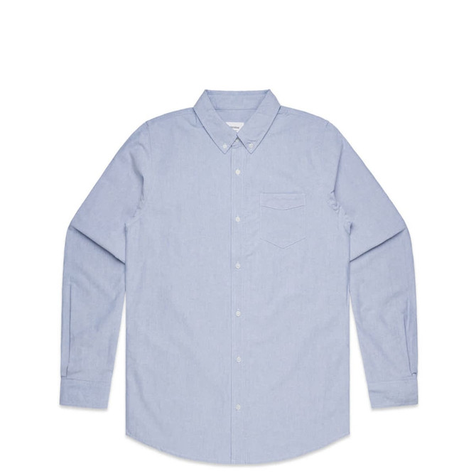 A light blue button-up Oxford shirt with long sleeves and a chest pocket. It features a logo on the collar. A light blue button-up Oxford shirt with long sleeves and a chest pocket. It features a logo on the collar.
