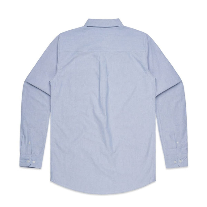 A light blue button-up shirt with long sleeves and a back yoke design, featuring a logo. A light blue button-up shirt with long sleeves and a back yoke design, featuring a logo.