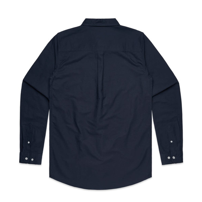 A navy blue button-up Oxford shirt, featuring long sleeves and a collar, with a plain back design and a logo. A navy blue button-up Oxford shirt, featuring long sleeves and a collar, with a plain back design and a logo.