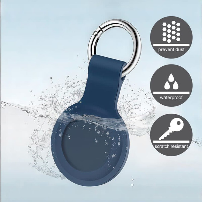 A blue silicone Airtag case with a keyring, featuring a waterproof design and scratch-resistant surface.
