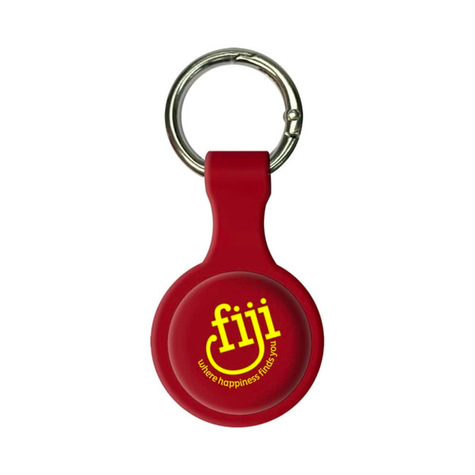 A red silicone Airtag case with a keychain attachment and a logo on the front.