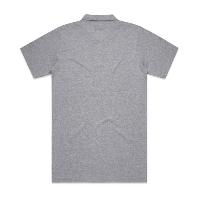 A grey polo shirt featuring a collar and short sleeves, with a logo on the front. The back is plain.
