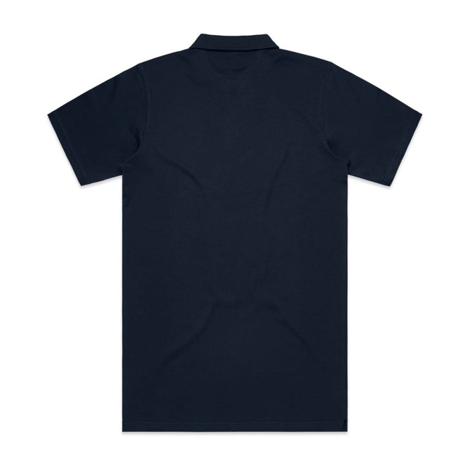 A navy polo shirt with short sleeves and a collar, featuring a logo on the front.