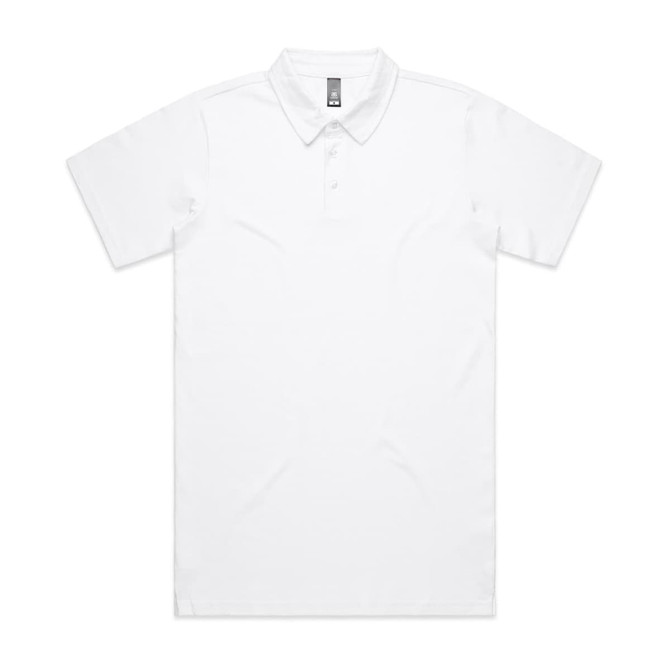 A white polo shirt featuring a collar and a front placket, with a logo on the chest area.
