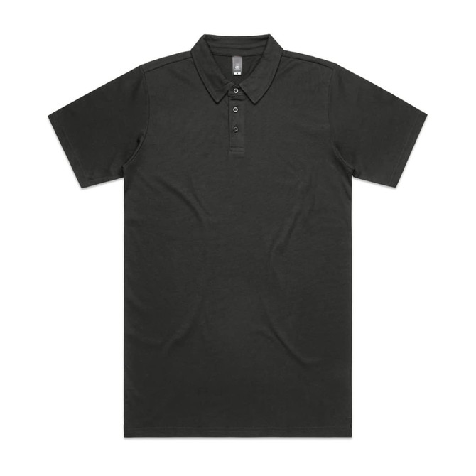A black polo shirt with a collar and three button placket. The shirt has a logo on it.