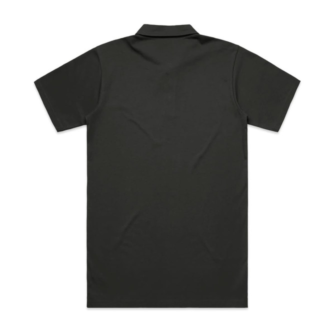 A black polo shirt featuring a collar and short sleeves, with a plain back and a logo.