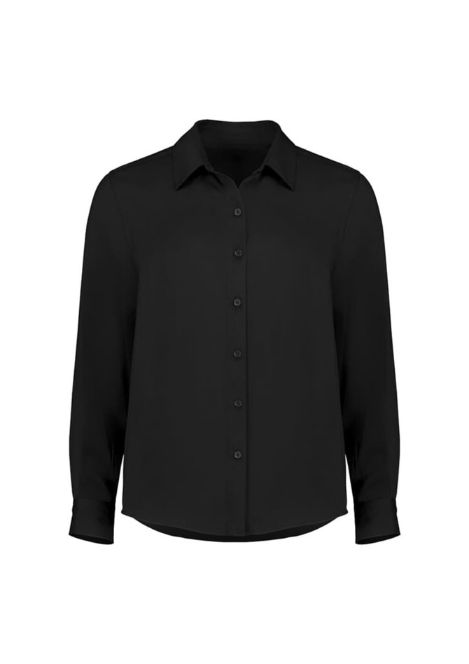 A black long sleeve shirt with a collared neckline and button-down front. It features long sleeves and a relaxed fit. A black long sleeve shirt with a collared neckline and button-down front. It features long sleeves and a relaxed fit.