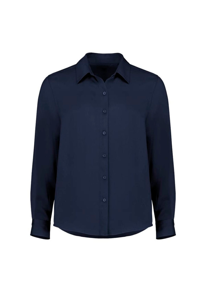 A navy long sleeve women's shirt featuring a collar and button front, with a simple design and branding present. A navy long sleeve women's shirt featuring a collar and button front, with a simple design and branding present.