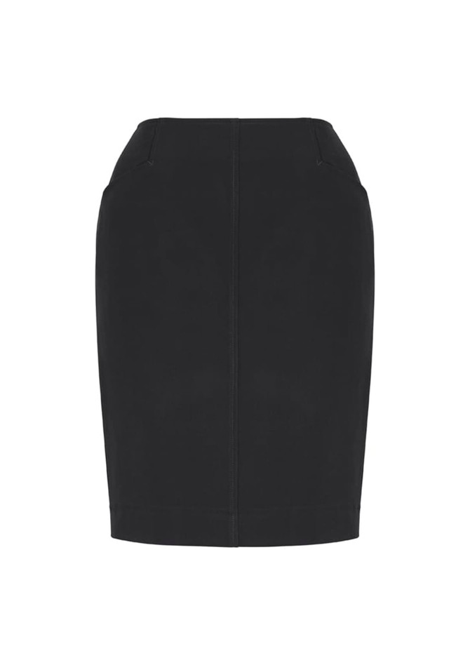 A black bandless pencil skirt with two pockets and a fitted style. It features a simple, sleek design.