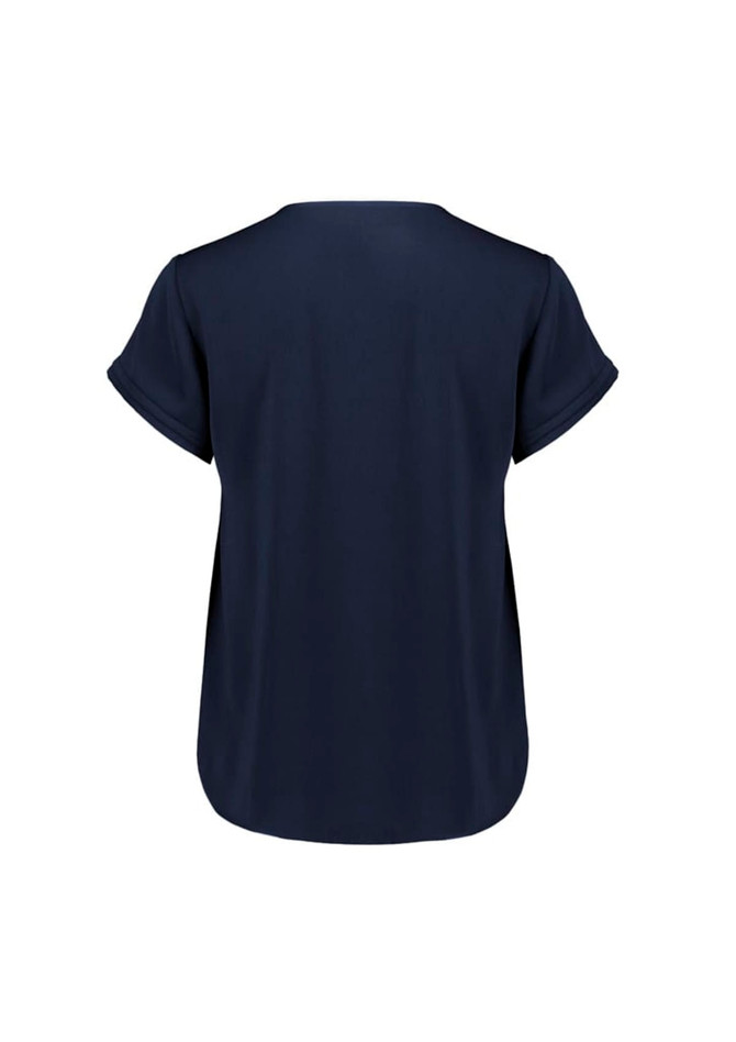 A navy short sleeve blouse with a relaxed fit and rolled sleeves, featuring a solid design and no visible branding. A navy short sleeve blouse with a relaxed fit and rolled sleeves, featuring a solid design and no visible branding.