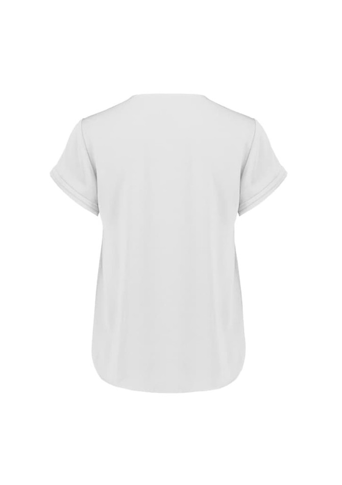 A white women's short sleeve blouse with rolled sleeves and a relaxed fit, featuring a brand logo.
