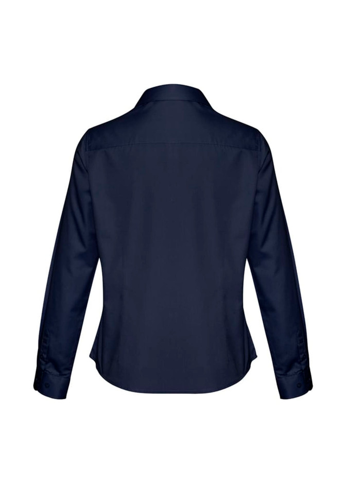 A navy blue long sleeve shirt for ladies, featuring a fitted design and a back yoke. Includes a logo.
