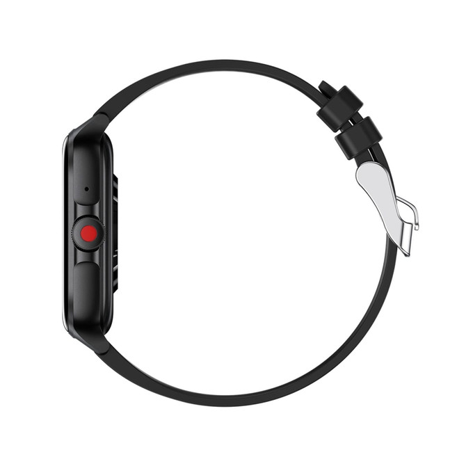 A sleek black smartwatch with a round face and a red button on the side, featuring a minimalist design and a black band.
