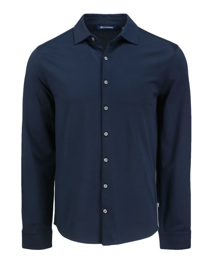 A navy blue men's long-sleeve woven button-up shirt with a branding logo.
