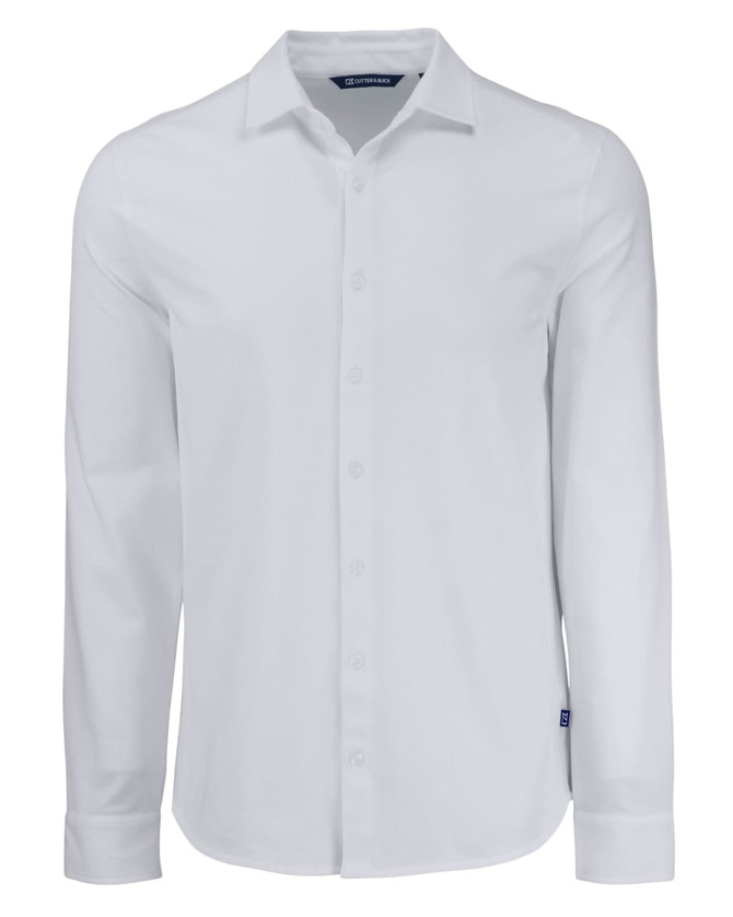 A white long-sleeve button-up shirt with a collar and a small logo on the side.