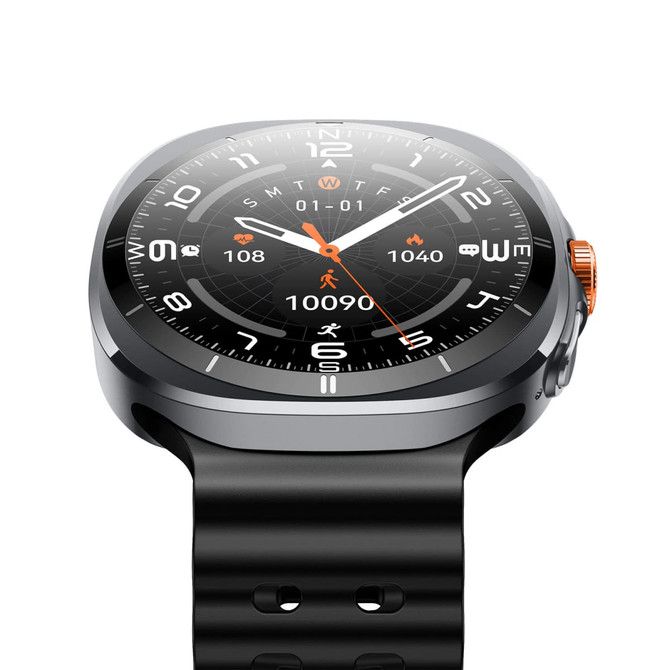 A smart watch featuring a black strap, round face, and multiple fitness tracking icons. It has a branded logo.