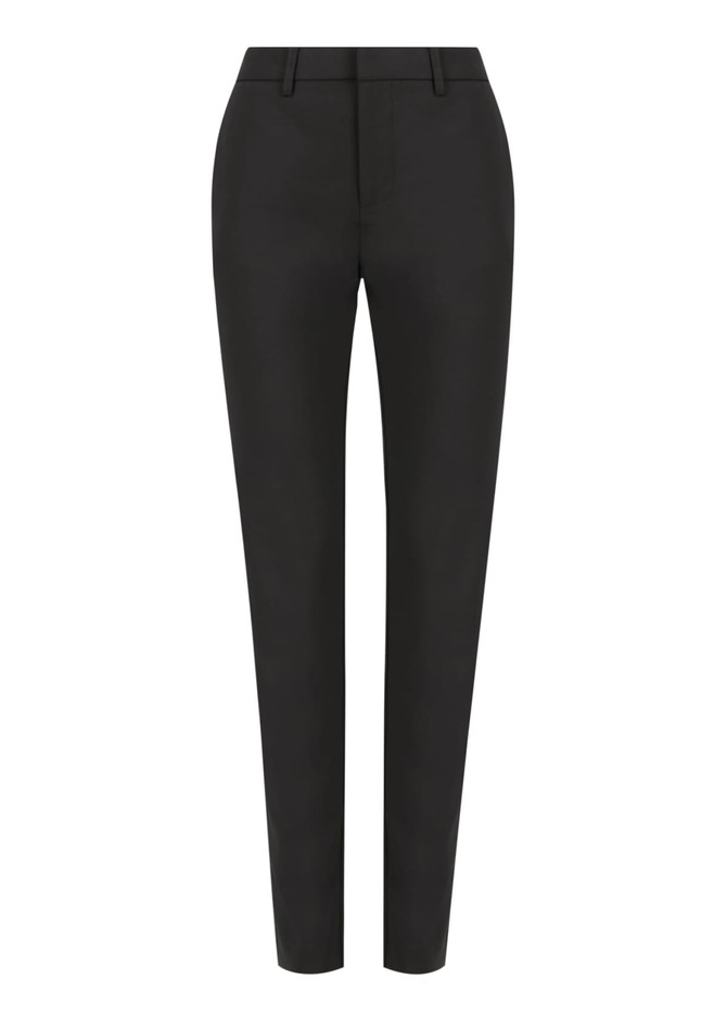 A pair of black trousers with a slim fit and elastic back. The item includes a logo.