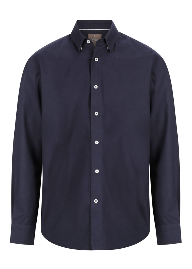 A navy button-up shirt with a collar and full sleeves, featuring a logo on the chest.
