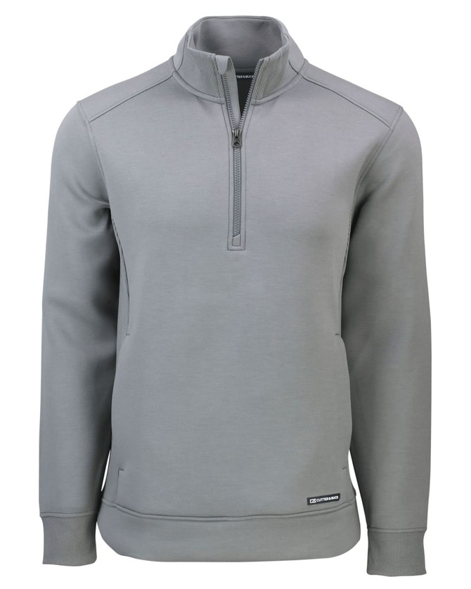 A grey men's half zip jacket with a sleek design and a small logo on the hem.