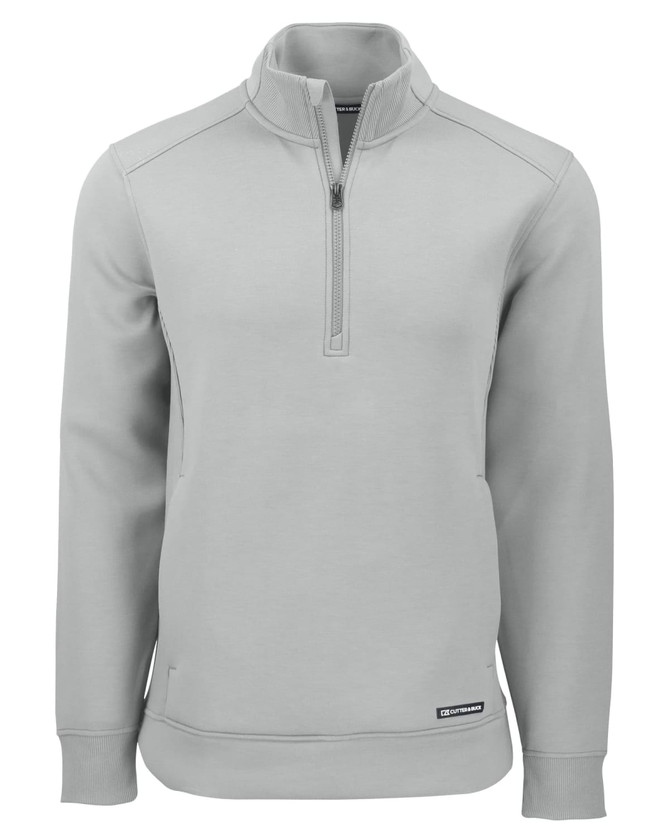 A light grey half zip jacket for men, featuring a zip closure and a logo on the hem.