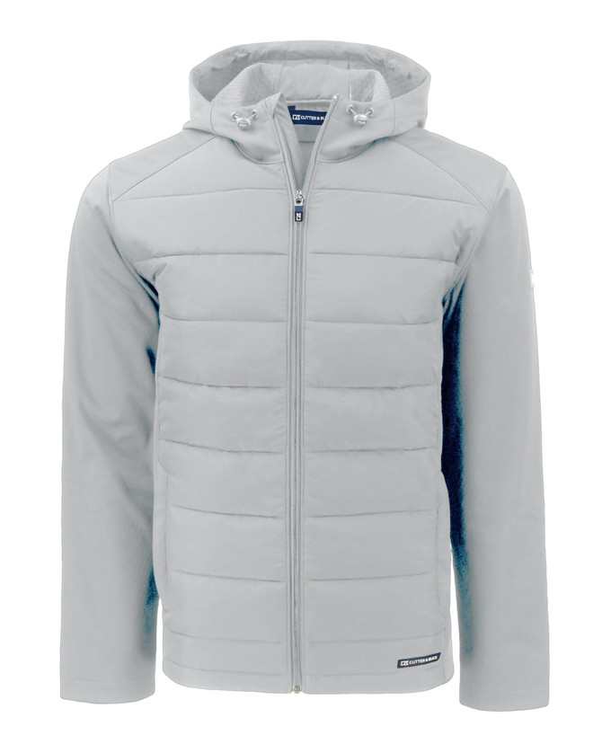 A grey men’s soft shell jacket with a hood, featuring a zip front and quilted design, along with a logo. A grey men’s soft shell jacket with a hood, featuring a zip front and quilted design, along with a logo.