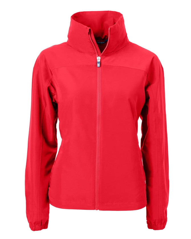 A bright red full zip jacket featuring a high collar and a logo. Suitable for women.