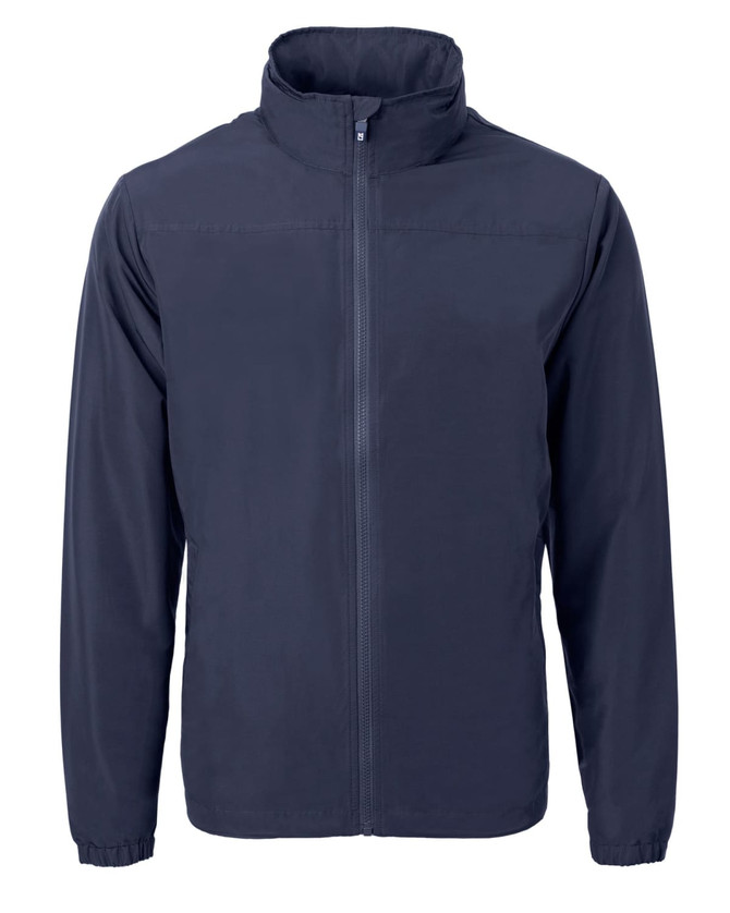 A navy full zip jacket featuring a high collar and long sleeves, with a logo on the front.