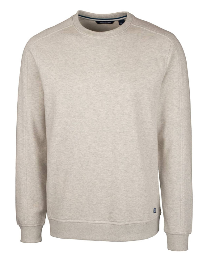 A light grey crew neck sweatshirt for men, featuring long sleeves and a subtle logo. A light grey crew neck sweatshirt for men, featuring long sleeves and a subtle logo.