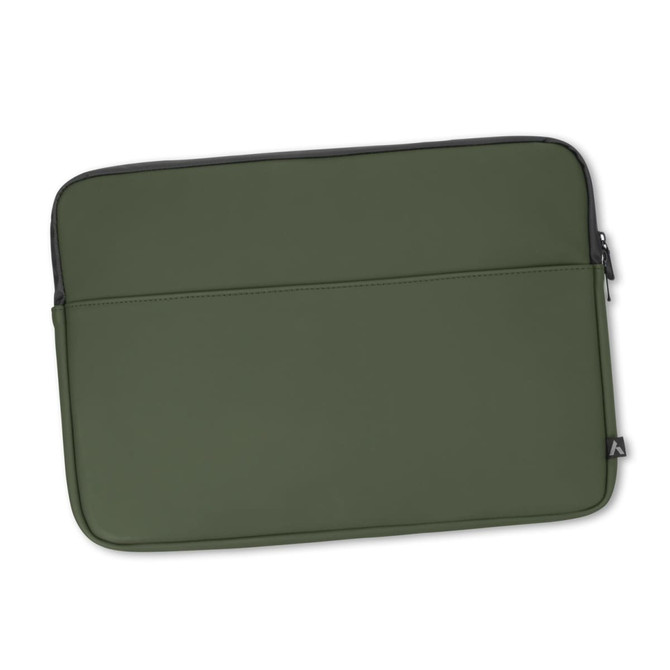A soft-touch laptop sleeve in olive green with a zippered closure and a logo detail on the side.
