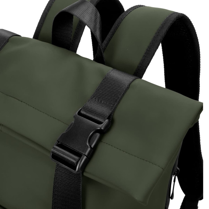 A soft-touch flap backpack in forest green with black straps and a buckle closure. It features a logo on the strap.
