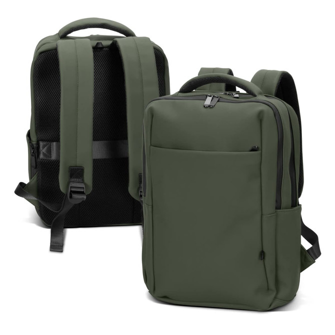 A soft-touch, olive green daily backpack with padded straps and a zippered front pocket. It features a logo on the side.
