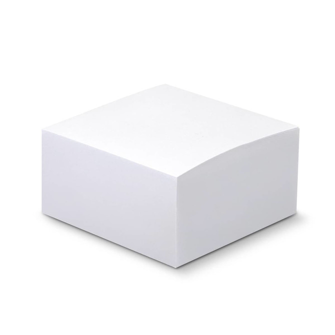 A white sticky cube measuring 70 x 70mm with 335 sheets. The product features rounded edges and a smooth surface.