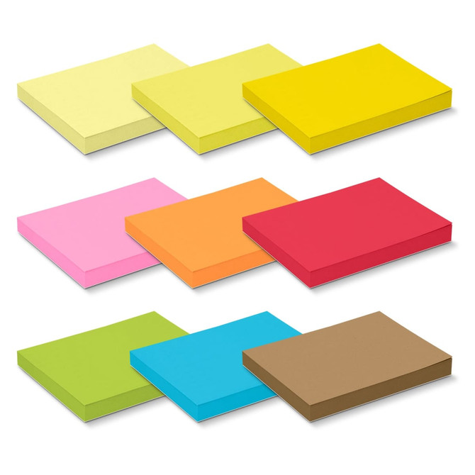 Coloured sticky pads in various shades including yellow, green, pink, orange, red, blue, and brown, stacked in groups.