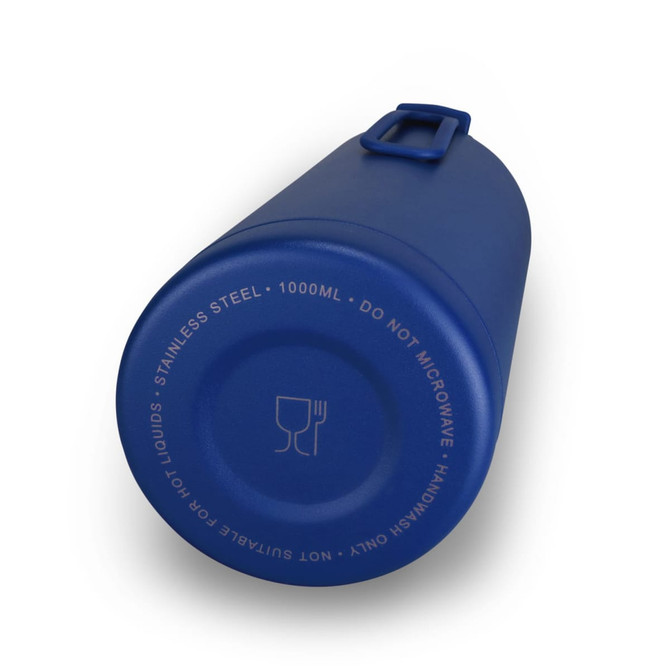 A drink bottle in blue, made of stainless steel, with a secure lid and a branding logo. Holds 1 litre.