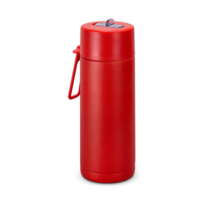 A drink bottle in bright red, featuring a sleek design and a built-in carry handle. It has a logo on the surface.