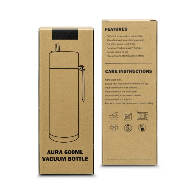 A drink bottle in a cardboard box, featuring a stainless steel body, silicone carry handle, and a secure lid.