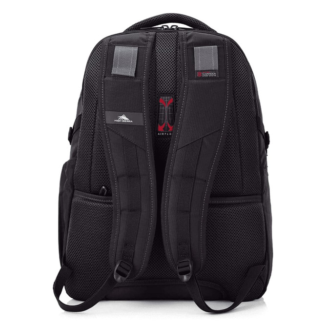 A black backpack with padded straps, featuring mesh detailing and a logo on the back.