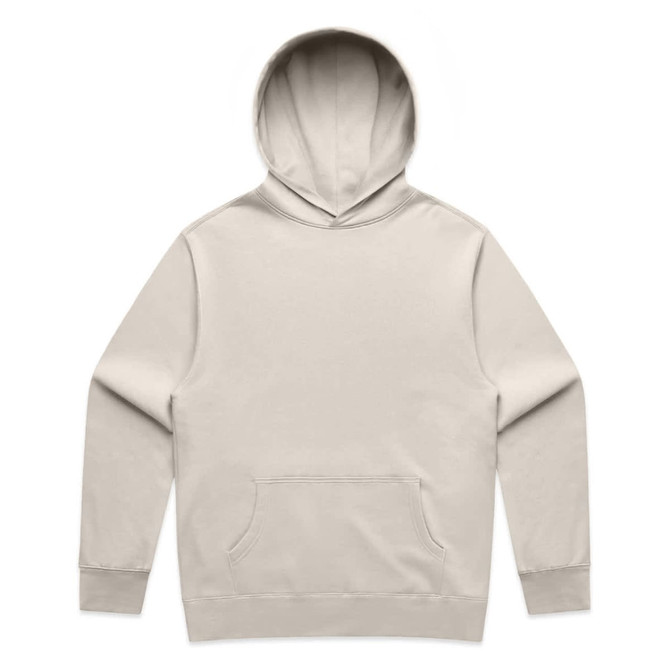 A beige hoodie with a front pocket and a large hood. The garment features a logo on the front.
