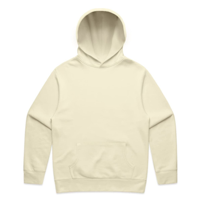 A cream-coloured hoodie with a front pocket and a hood, featuring a logo on the front.