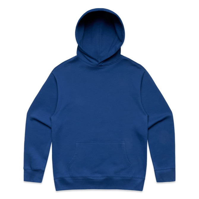 A blue hoodie featuring a front pocket and a classic hood design, with a logo on the chest.