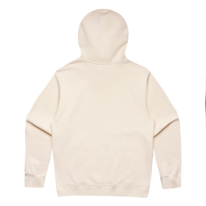 A beige hoodie with a kangaroo pocket and a hood, featuring a branding logo.