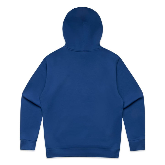 A blue hoodie with a plain back design and a hood. It includes a branding logo on the fabric.