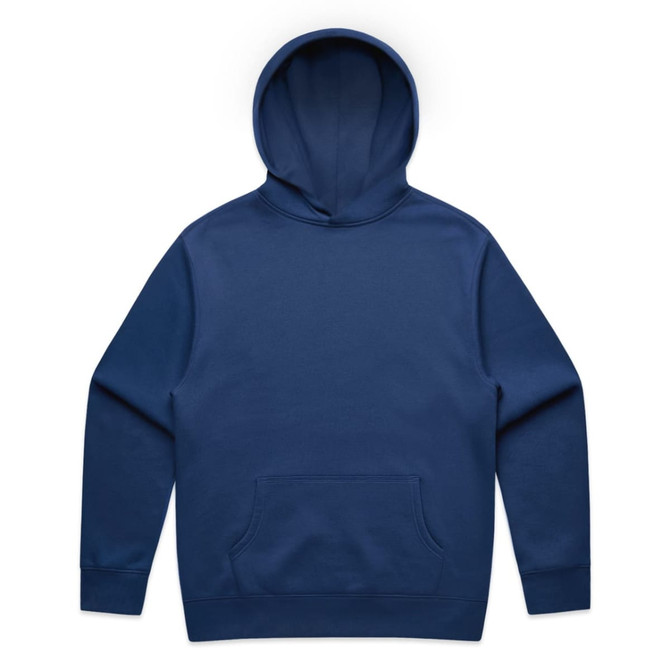 A navy blue hoodie with a kangaroo pocket and a large hood, featuring a logo on the front.