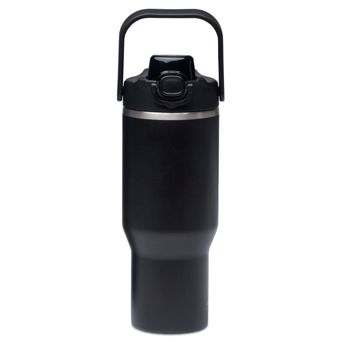 A drink bottle in matte black with a handle and a secure flip-top lid, featuring a stainless steel rim.