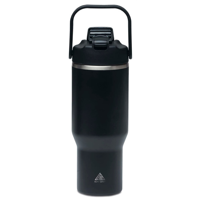 A drink bottle in black, featuring a handle and a sleek design, with a logo on the front.