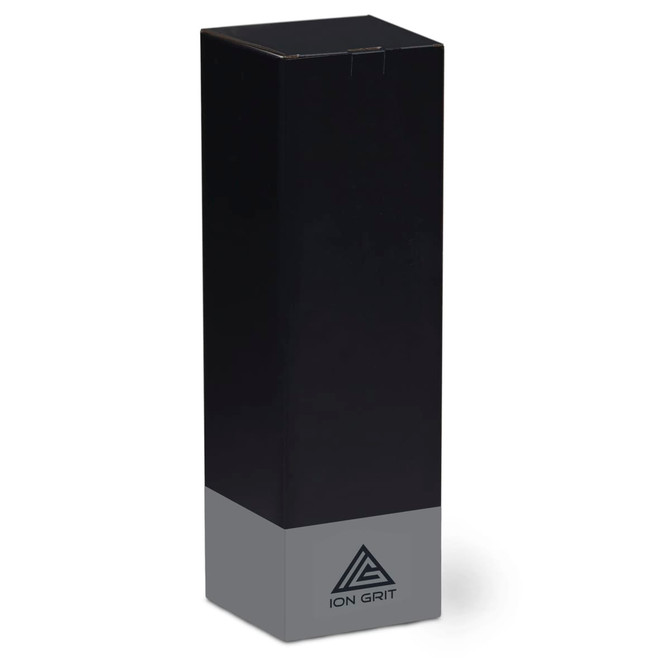 A drink bottle in black and silver with a branded logo at the base, featuring a sleek, modern design.