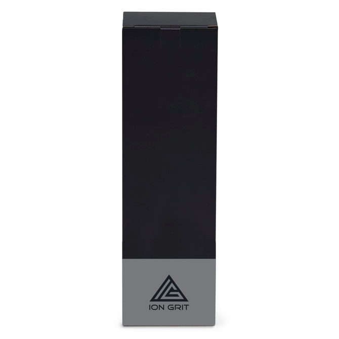 A drink bottle in black and grey, featuring a logo, with a sleek rectangular design.