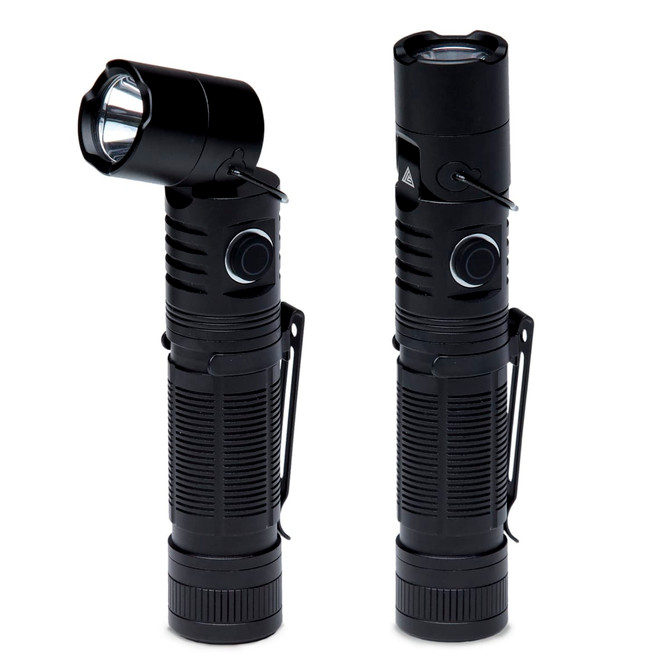 A black torch with a rotating head, featuring a grip texture and a clip for easy attachment.