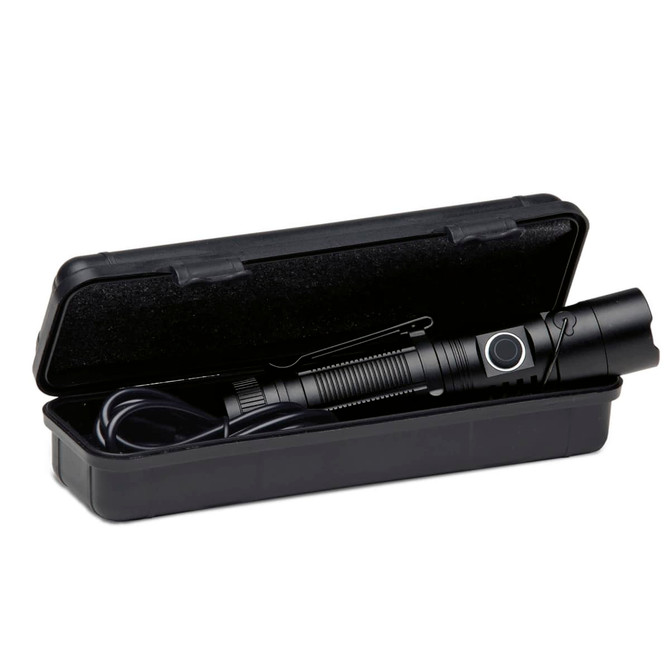 A black torch in a black case, featuring a power button and a clip for easy carrying.